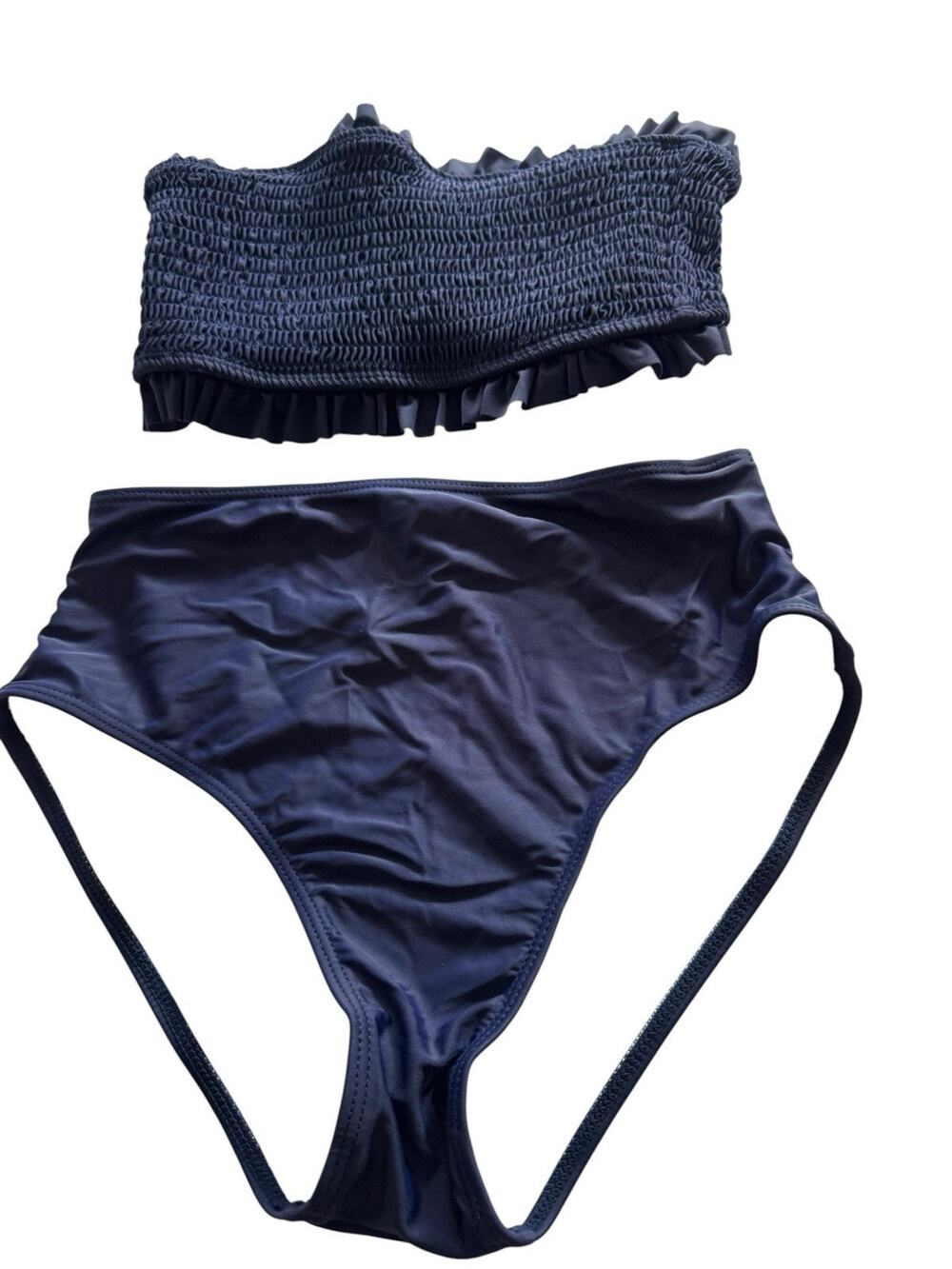 Tempt Me Women Bandeau High Waisted Bikini Smocked Strapless Blue Swimsuit Small